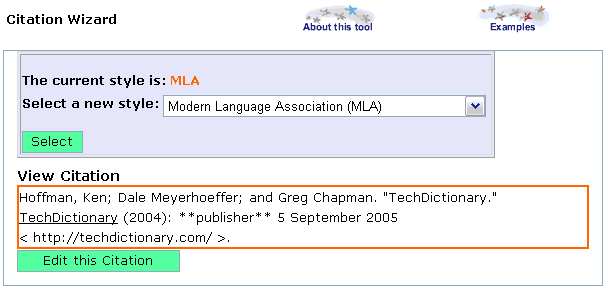 screen shot of Citation Wizard results: basic  mla format for techdictionary.com