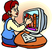 Cartoon: Librarian stacks books in a computer