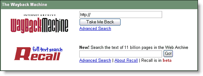 screen shot of wayback machine search box, part of the Intenet archive