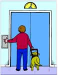 man with seeing eye dog waiting for elevator.