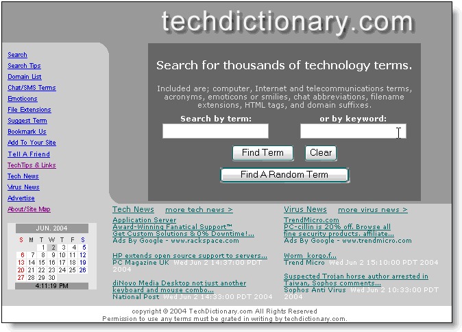 screen shot of techdictionary.com home page