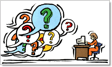 cartoon: woman types at a computer amid swirl of question marks. 